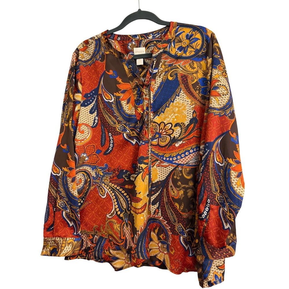 Chico's Paisley Lace Up Blouse 2 L Multicolor Boho, Satin, Floral, Tunic,‎ Silky